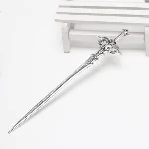 Vintage silver ram head sword hairpin for Hanfu COS play, elegant gothic hair stick accessory.
