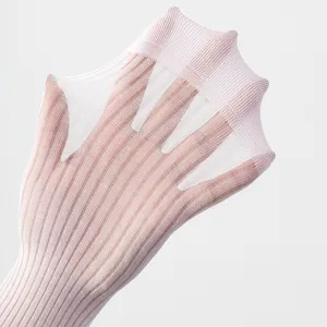 Close up of ultra thin sheer ribbed mesh socks, demonstrating great elasticity and breathable.
