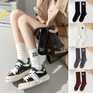 Women's Distressed Knit Calf Socks Cotton Solid Color Letter Embroidery Casual High Tube Socks Fashion Hosiery