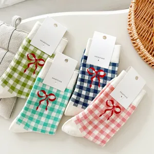 Cute plaid cotton mid-tube socks with red bow detail, colorful casual hosiery for daily wear.