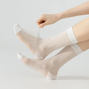 Sheer ultra-thin breathable silk mesh crew socks, ballet style stretchy ribbed summer socks.
