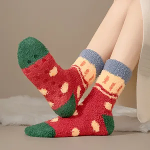 Fluffy winter sleep socks detail, thick coral fleece with cute pattern and warm design.
