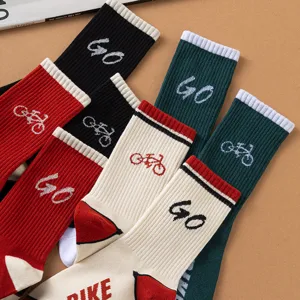 Stylish casual cotton socks with bicycle graphics and lettering, comfortable sports socks.