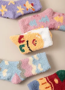 Cozy winter coral fleece fuzzy socks with cute cartoon patterns, thick non-slip thermal socks.