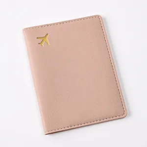 Pink PU leather passport holder with gold airplane design travel document organizer cover case