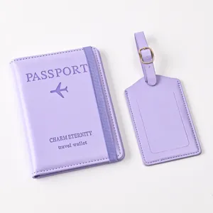 Purple PU leather passport holder and luggage tag detail view, elegant travel wallet set.