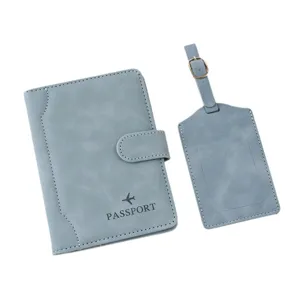 Conjunto de portapasaporte de viaje etiqueta de equipaje cuero PU azul claro hebilla