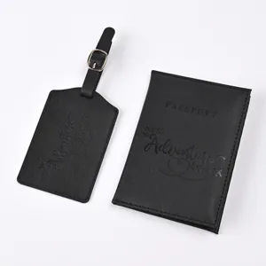 Black PU leather passport cover and luggage tag set with embossed adventure quotes for travel.