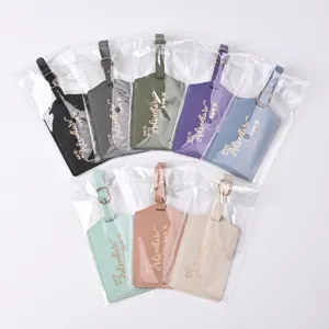 Colorful PU leather luggage tags set, durable travel suitcase ID labels with secure metal buckles.
