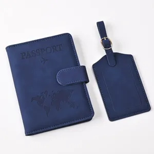 Blue PU leather passport holder and luggage tag set with world map embossing and magnetic buckle.