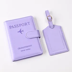 Purple PU leather passport holder and luggage tag set with magnetic clasp travel wallet.