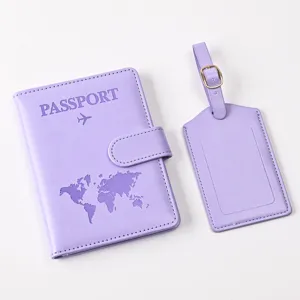 Lavender PU leather passport cover and luggage tag set with world map embossing and magnetic snap.