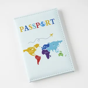Blue passport cover with colorful world map design travel wallet card holder organizer.