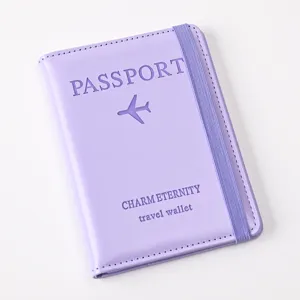 Light purple PU leather passport cover with elastic band travel wallet passport holder