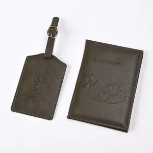 Dark green PU leather passport cover and luggage tag set with embossed travel letters.