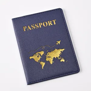 Dark blue PU leather passport cover with gold stamping world map and airplane design for travel.