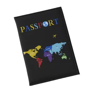 Black leather passport cover with colorful world map print, travel document organizer.