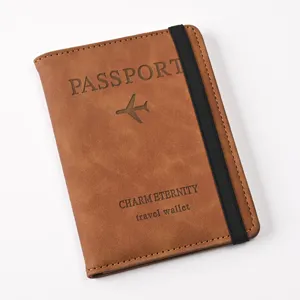 Brown PU leather passport wallet cover with elastic band travel document organizer detail view