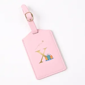 Pink PU leather suitcase luggage tag with gold letter X and travel design for bags
