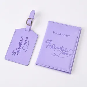 Purple PU leather passport cover and luggage tag set with embossed inspirational letter print.