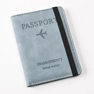 RFID blocking PU leather passport wallet, travel organizer case with elastic band for card.