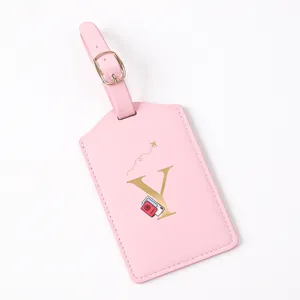 Pink PU leather luggage tag with gold letter Y design, travel suitcase ID label tag pendant.