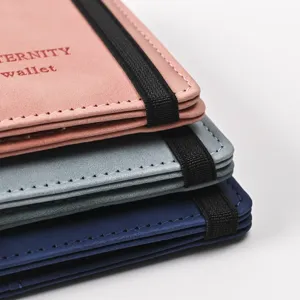 Close-up detail of multi-functional passport holder wallet with elastic band, PU leather texture.