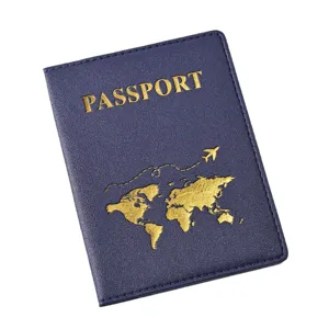 Blue PU leather passport cover with gold hot-stamped world map and plane design for travel.