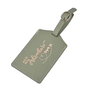 Green PU leather luggage tag with rose gold foil adventure quote, travel accessory for bags.