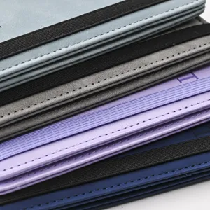 Multifunctional PU leather passport holder cover with elastic band, multi-color stack detail.