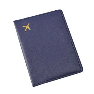 Dark Blue PU Leather Passport Holder with Gold Airplane Pattern Travel Document Cover