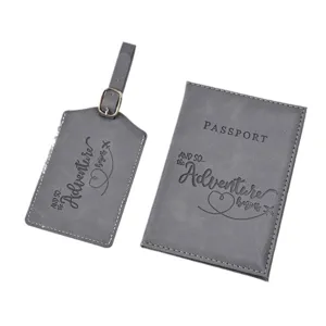 PU leather passport cover and luggage tag set, travel document organizer, grey color.