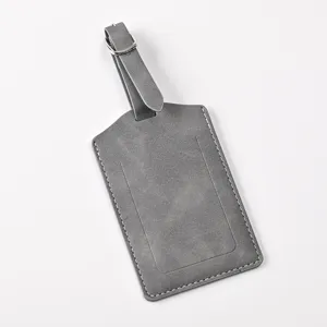 Grey PU leather luggage tag travel accessory bag label for suitcase identification.