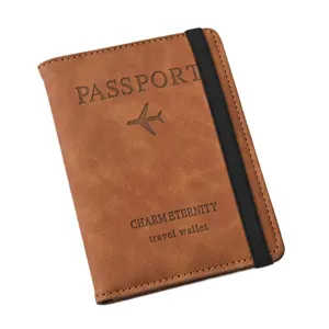 Brown PU leather passport holder with elastic band travel document organizer wallet cover.
