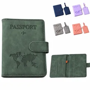 PU Leather Passport Holder And Luggage Tag Set Travel Wallet Card Case With RFID Protection World Map Embossed Design