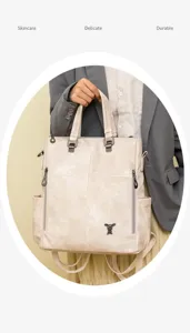 Detailed view of the soft leather multi-functional backpack showing hardware details.