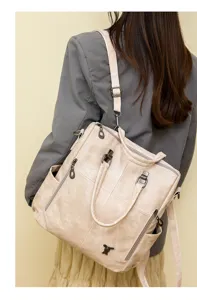 Women multi-functional soft leather backpack stylish shoulder handbag casual daily wear detail