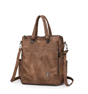 Stylish multi-functional women backpack brown canvas shoulder crossbody handbag casual bag