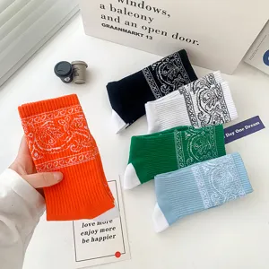 Streetwear paisley bandana print crew socks in assorted colors, comfortable casual socks.