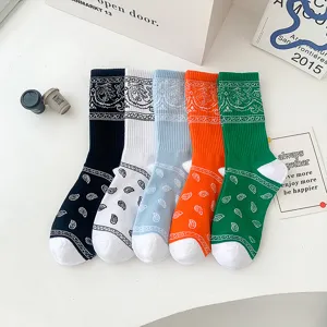 Stylish paisley print crew socks for men and women, trendy streetwear casual cotton socks.
