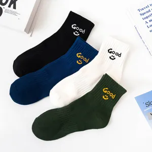 Comfortable cotton skate socks with Good smiley embroidery, stylish unisex casual sports socks.