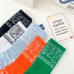 Colorful paisley print casual long socks set, fashionable streetwear style cotton crew socks.