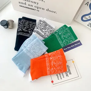 Colorful paisley print crew socks, comfortable streetwear casual cotton socks for daily wear.