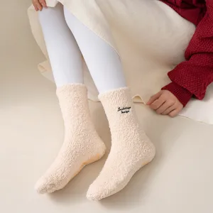 Plush letter embroidery anti-slip warm casual socks for women, cozy winter daily wear.