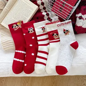 Festive red cotton mid-tube socks with cute puppy embroidery, cozy stripes and playful polka dots.