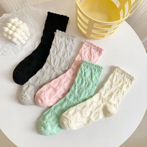Women's Casual Cute Cotton Crew Socks Sweet Bowknot Embossed Pattern Ruffle Trim Casual Daily Socks