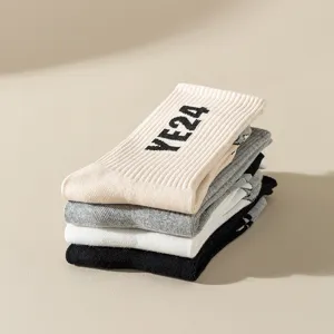 Simple casual letter print crew socks for men and women, comfortable cotton daily wear.