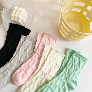 Cute bow embossed women mid-tube cotton socks sweet ruffled casual style daily hosiery