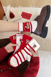 New Year red cotton mid-tube socks festive cute cartoon puppy striped socks for winter women