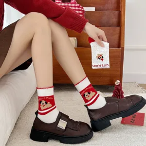 New year red cotton mid-calf socks for women, cute puppy pattern with stripe design.